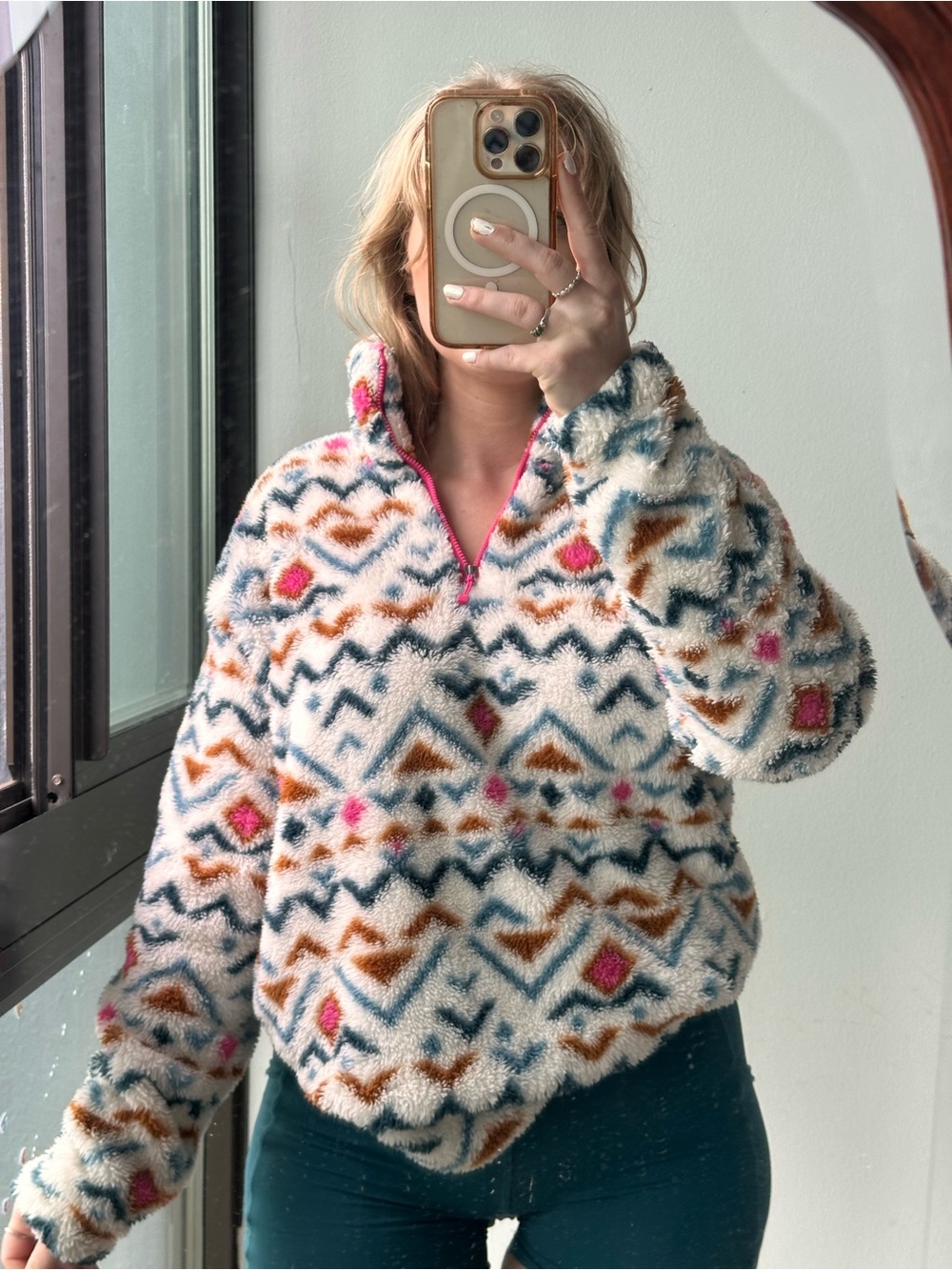 Eddie Bauer Cream Fuzzy Half-Zip Sweater with Multicolor Geometric Print